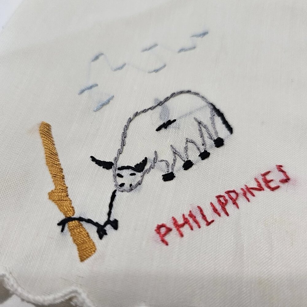 Vintage Handkerchief Hankie Philippines Stitched Straw Hut Bull Ox Palm Tree - Picture 5 of 13